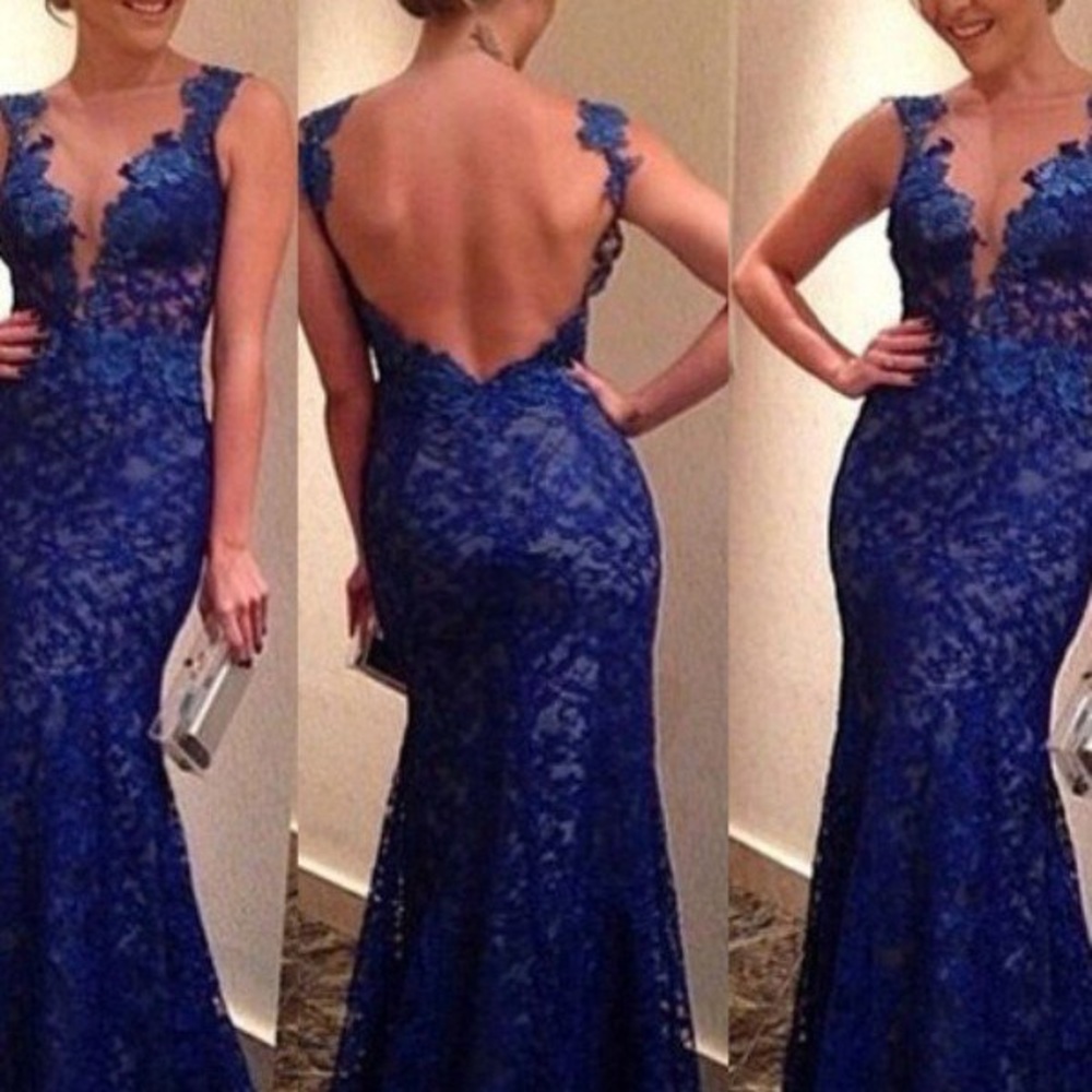Royal blue, lace prom dress